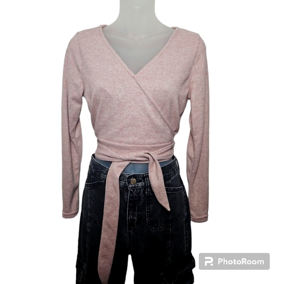 no comment Heather Pink Cropped Faux Wrap Top Sz L - Picture 1 of 5